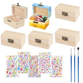 Small Wooden Box, Pack of 6 Small Wooden Treasure Chest, Small Wooden Box Painting, Mini Treasure Chest with Lid, Rectangular Wooden Treasure Box, with Stickers and Brushes, for Storage and Decorating