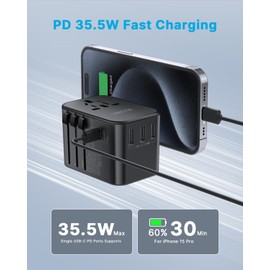 Universal Travel Adapter, VINTAR 35.5W International Power Adapter with 3 USB A QC and 2 USB C PD, All in One Plug Adapter Worldwide Travel Essentials for EU/UK/USA/AUS(Type C/G/A/I), Black