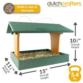 DutchCrafters Plastic Poly Covered Roof Hanging Fly Through Bird Feeder Open Side Platform Seed Tray for Outside Outdoor Garden - Amish American Made in USA (Turf Green & Cedar)