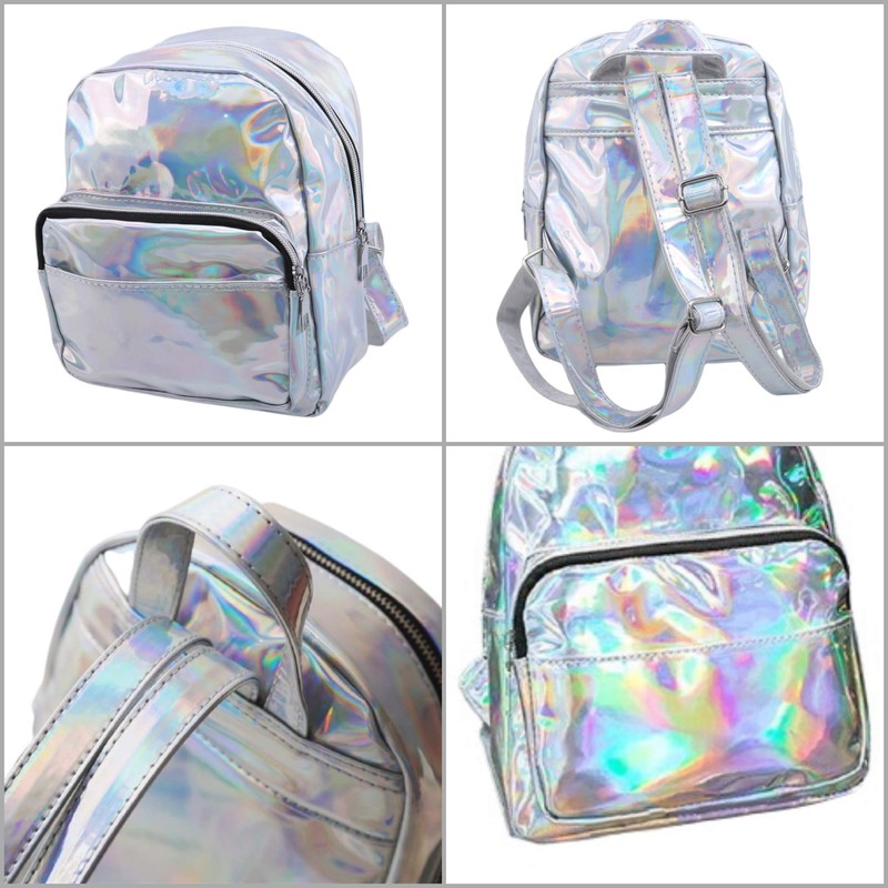 APOSITV Women's Backpack, Metallic, Small, Silver, Pink, Glitter, Lightweight, Hologram
