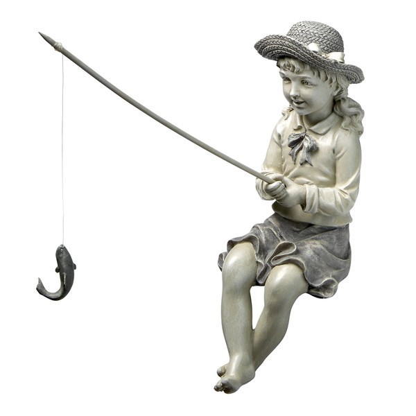 Design Toscano EU9305 Big Catch Fisherwoman Girl Fishing Garden Statue, 11 Inch, Two Tone Stone