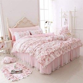 LELVA Romantic Roses Print Duvet Cover Set with Bed Skirt Pink Lace Ruffle Floral Shabby Chic Bedding Sets Twin 4 Piece