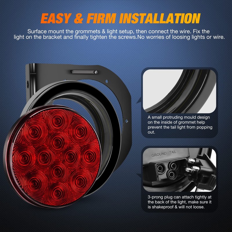 Nilight 4Inch Round Trailer Tail Light with flush Mount Grommets