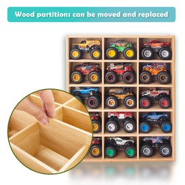 Wood Monster Trucks Display Case, 15-Slot Organizer for Monster Trucks Storage - Detachable Shelves, Wall-Mountable with Hanging Screws Included (Wood)