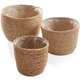 Casafield Set of 3 Seagrass Planter Baskets with Liners - Natural, Hand Woven Indoor Flower Pot Covers for Plants, Succulents, Home Decor
