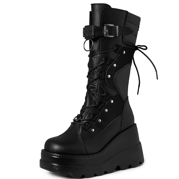 Tscoyuki Women's Platform Mid Calf Boots, Chunky High Heel Wedge Boots Goth Zip & Lace Up Combat Round Toe Motorcycle Boots