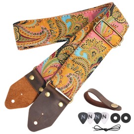 Nefelibata Guitar Strap,Crazy Horse Leather Jacquard Embroidery Cotton Guitar Straps for Bass, Electric & Acoustic, Best Gifts for Guitarists(Golden Silk Golden Flower)