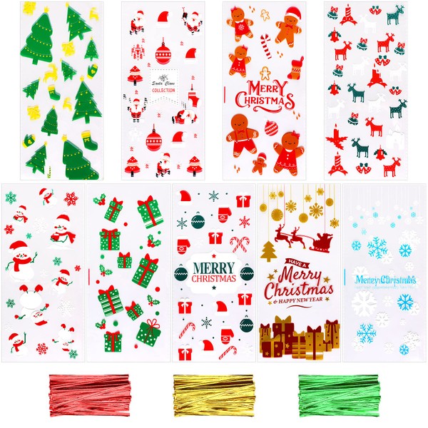SANNIX 90Pcs Christmas Cellophane Bags, 5x10 Inch Treat Candy Bags with Twist Ties, Christmas Treat Bags for Kids Christmas Party Favor Supplies, 9 Styles Candy Goodies Bags