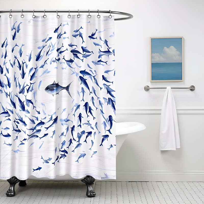 FuShvre Fish Shower Curtain Navy Blue Bathroom Curtains Coastal Bathroom