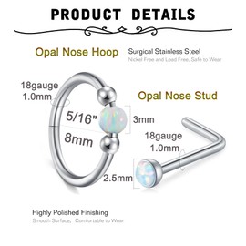 MODRSA 18g Nose Ring Opal Nose Ring Opal Nose Stud L Shaped Opal Nose Hoop Clicker Silver Nose Rings for Women Cartilage Hoop Earring Cartilage Hoop Helix Hoop Earring Opal White Daith Earring Hoop