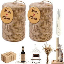 Mecate de Yute,2PCS Natural Trenzada de 2mm x 200m,Cuerda de Yute con Cortador,Cordón Decorativo Tejido a Mano,para Envolvers de Regalo,Manualidades,Materiales de Embalaje y Aplicaciones de Jardinería