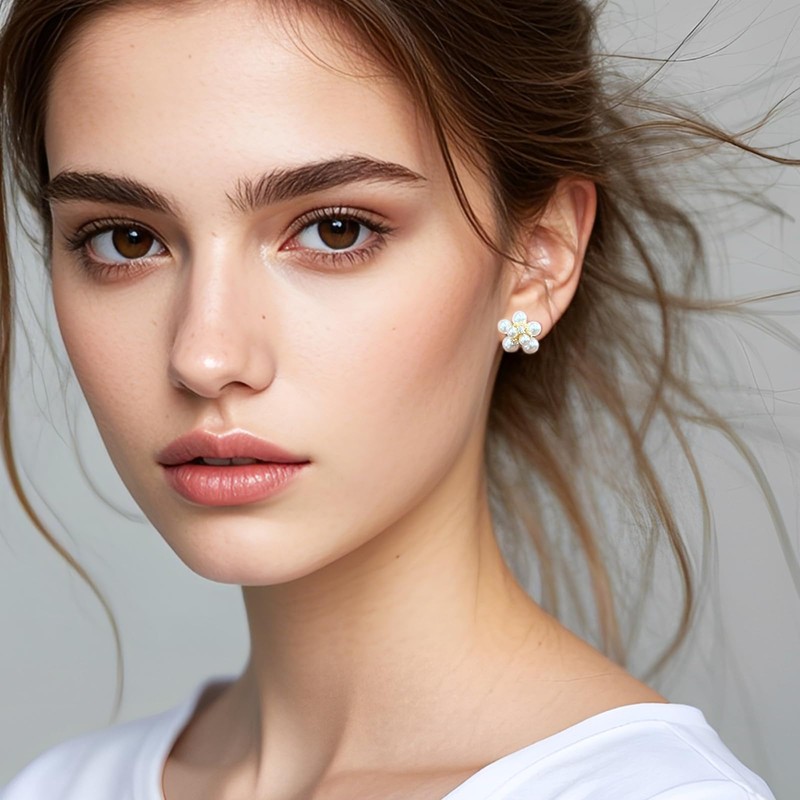 Pearl Flower Stud Earrings, 14K Gold-Plated with CZ Crystals, White