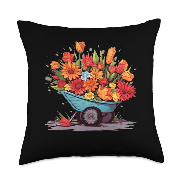 Funny Wheelbarrow Flowers Pretty Spring Flowers in Wheelbarrow Throw Pillow,