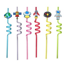 12pcs (6 Styles) Drinking Plastic Straws Reusable Outer Space Design Reusable Straws with 2 Brushes for Kids Birthday Pool Underwater Party Decorations Gift (Outer Space Design 12pcs)
