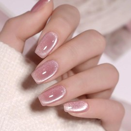 Nude Pink Press on Nails Short Square Fake Nails Cat Eye False Nails with Glitter Glue on Nails Full Cover Acrylic Stick on Nails for Women Girls Nails Decorations Manicure 24 Pcs