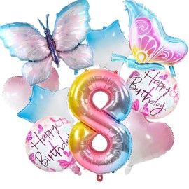 9Pcs Butterfly Balloons 8th Birthday Decorations for Gradient Colorful Butterfly Foil Balloons 8 Years Old Fairy Butterfly Theme Birthday Party Supplies Decor