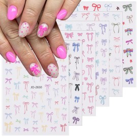 6 Sheets Bow Nail Art Stickers 3D Self-Adhesive Nail Decals White Red Pink Cute Nail Design Stickers French Manicure Tips Charms Valentine's Day Nail Stickers for Nail Art Bow Nail Supplies Women Girl