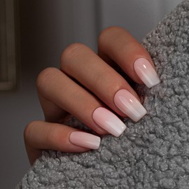 KQueenest French Press on Nails Kurz Mittel – Ombré Rosa Nägel zum Aufkleben Kurz mit Kleber, Gradient Rosa Weiß Fake Nails Eckig, Quadratische Künstliche Nägel Set für Frauen, 28 Stück