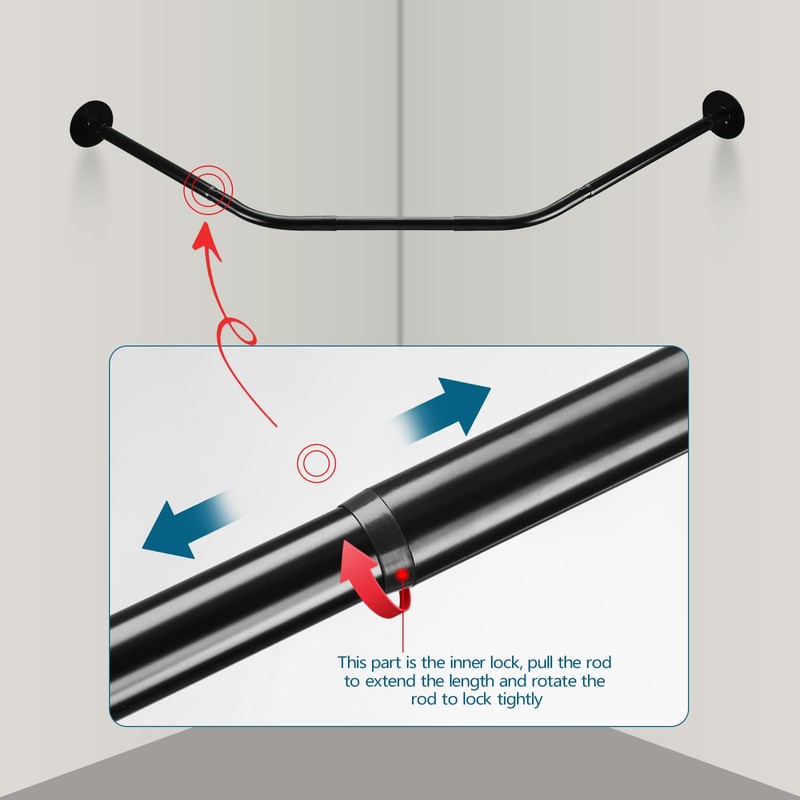Adjustable Black Corner Shower Curtain Rod with 12 Hooks, 31-41