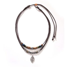 Azusa Sun Boho Necklace for Women Men Vintage Multilayer Colorful Wooden Beads Necklace Leaf Pendant Adjustable Long Sweater Chain Western Jewelry