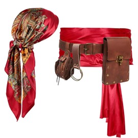 KOTORA Pirate Costume Pirate Head Scarf Bandanas Belt Waist Sash Medieval Belt Pouch Coin Purse Leather Hook Festival Sets (Pattern-Red 2Pouch)