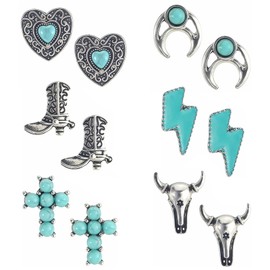 6 Pairs Western Cowgirl Earrings for Women Boho Ox-head Boots Cactus Horse Cross Turquoise Studs Set Small Geometric Turquoise Silver Earrings Vintage Ethnic Statement Western Country Jewelry Gift (D)