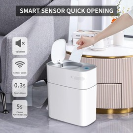 Joybos Bathroom Trash Can with Lid, Automatic Bagging Garbage Can, 3.8 Gallon Slim Smart Small Plastic Trash Bin, Narrow Motion Sensor Trash Can for Bedroom, Rv, Office White Gift Cabinet