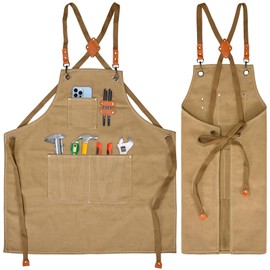 KOOOGEAR Multifunctional Canvas Apron, Work Apron, Welding Apron, Grill Cooking Apron, Adjustable Belt, Suitable Linen Apron Suitable for Kitchen, Garden, Blacksmiths, Workshop, brown