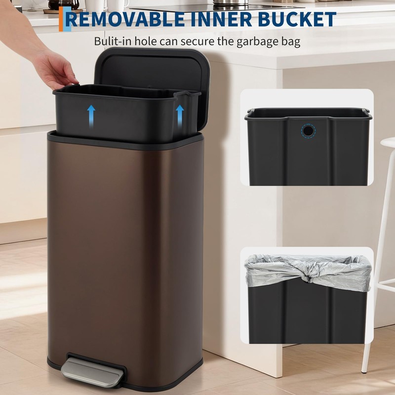 DYTesa 8 Gallon Brown Stainless Steel Kitchen Trash Can -