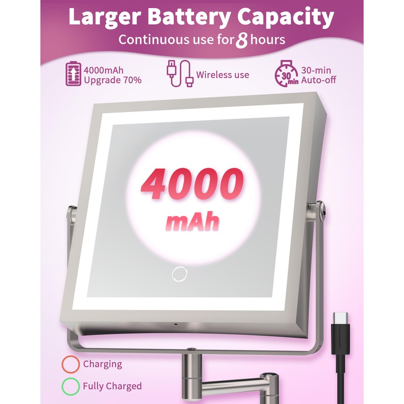 WZKALY Rechargeable Wall Mounted Makeup Mirror with Lights, 4000mAh Double