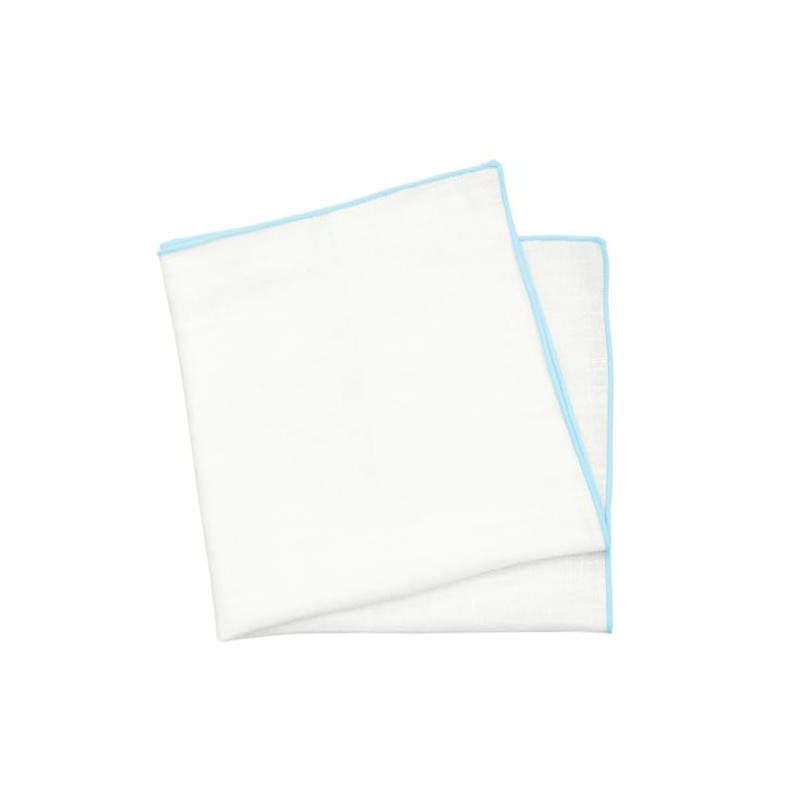 BELLUNO Ivory White Pocket Square with Pastel Blue Trim Embroidered