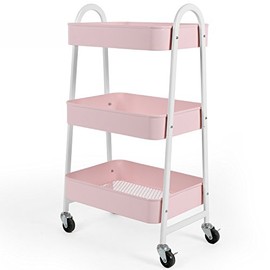 3-Tier Utility Rolling Cart with Large Storage and Metal Wheels for Office,Kitchen,Bedroom,Bathroom,Black,Pink,White 130839