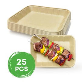 DISPOSABLE GREEN® | 24 cm x 18 cm Rectangle Tray | 25 Pcs | Super Strong | Unbleached Sugarcane Bagasse | Home COMPOSTABLE, Biodegradable, ECO Friendly