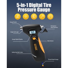 AUTDER 5-in-1 Digital Tire Pressure Gauge with LED Work Light, Emergency Hammer, Seat Belt Cutter, Tread Depth Gauge, and Backlit LCD - Portable, Durable for Cars, Trucks, Yellow