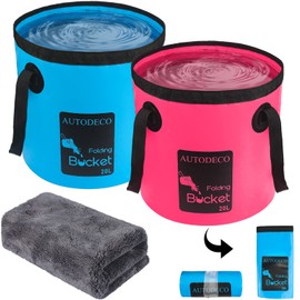 AUTODECO - Paquete de 2 cubos plegables de 5 galones, cubeta de agua plegable portátil para exteriores, viajes, camping, pesca, jardinería, lavado de coches, azul y rosa, 20 litros