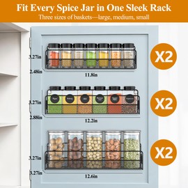 Wall Mounted Spice Rack Organizer, Pantry Door Organizer & Hanging Storage Baskets, Metal Spice Shelf for Kitchen Cabinet, 3 Depth Sizes Hold Large Jars to Nail Polish Bottles, 6 Pack
