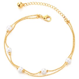 Dainty Gold Chain Anklet with White Pearl Beads Elegant Double Strand Adjustable Foot Jewelry