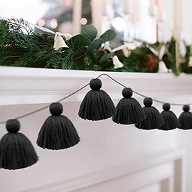 Big Size Tassel Garland H3.1in Polyester Yarn Black Pom Pom Tassel Banner Decorative Wall Hanging for Home Decoration Wedding Birthday Baby Shower Party Supplies (Black)