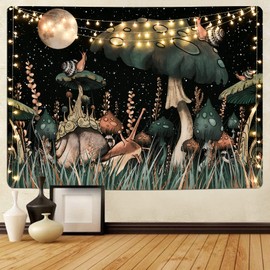 Yugarlibi Pilz Wandteppich Schwarz Wald Schnecke Wandbehang Mond Sterne Pflanzen Wandtuch Wandkunst Tapisserie für Schlafzimmer Wohnzimmer 210x150cm