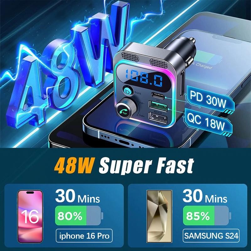 Multifunctional car FM transmitter with ambient light, BASS hands-free car