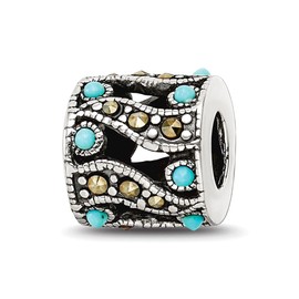 JewelryWeb 925 Sterling Silver Oxidized Reflections Marcasite and Simulated Turquoise Bead Charm 8.18x8.18mm Wide Pendant Necklace for Women