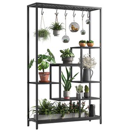 Indoor Plant Stand 5-Tier Tall 70.9", Large Metal Plant Shelf with Hanging Hooks, Multi-Purpose Display Rack, Flower Bonsai Pots Organizer for Garden, Balcony, Living Room, Black