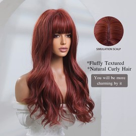 Esmee 24 Inch Long Wavy Burgundy Wigs for Women Natural Synthetic Hair Heat Resistant Wigs with Fringe for Daily Party Cosplay Use