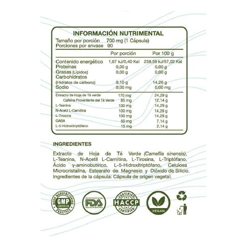 Nootropic 90 Cpsulas 100mg L-teanina 85mg Cafena Sabor Sin Sabor