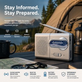 Mini AM/FM Portable Radio – Battery-Operated Pocket Radio with Built-In Speaker & Headphone Jack for Home, Travel & Emergency Kits