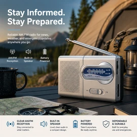 Mini AM/FM Portable Radio – Battery-Operated Pocket Radio with Built-In Speaker & Headphone Jack for Home, Travel & Emergency Kits