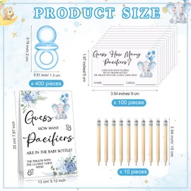 Roowest 512 Pcs Baby Shower Games Guess How Many Pacifiers Sign 100 Small Guessing Games 10 HB Pencils 750ml Milk Bottle 400 Acrylic Pacifiers Decoration for Guest Gender Reveal(Blue,Elephant)