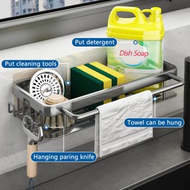 FOXWHALE Sink Organiser for Kitchen Drilling Kitchen Caddy Holder Shelf for Kitchen Accessories Dish Soap/Sponge/Brush, Black Sink with Towel Holder and Hook (Grey)