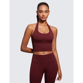 CRZ YOGA Butterluxe Women's Halter Neck Sports Bra Padded Longline Yoga Bras Workout Sport Crop Top with Built in Shelf Bra Red Merlot 8