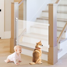 JSQBSECL Retractable Baby Gate, Pet Gate for Stairs, Mesh Dog Gate for Doorways, Safety Locking Gates for Baby Indoor, Stair Gate for Outdoor, Hallways, Doorways (White, 55 inch)
